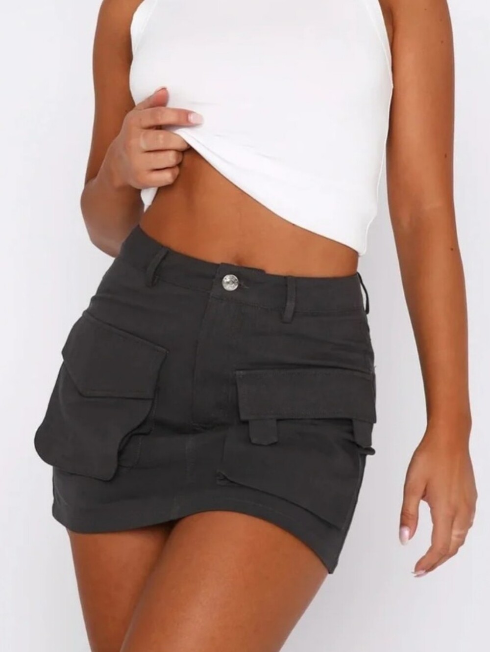 White Fox Military Grunge Punk Steet Large Grey Cargo Mini Skirt